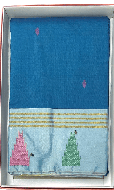 Blue Handloom Cotton Saree With Silver Zari Border