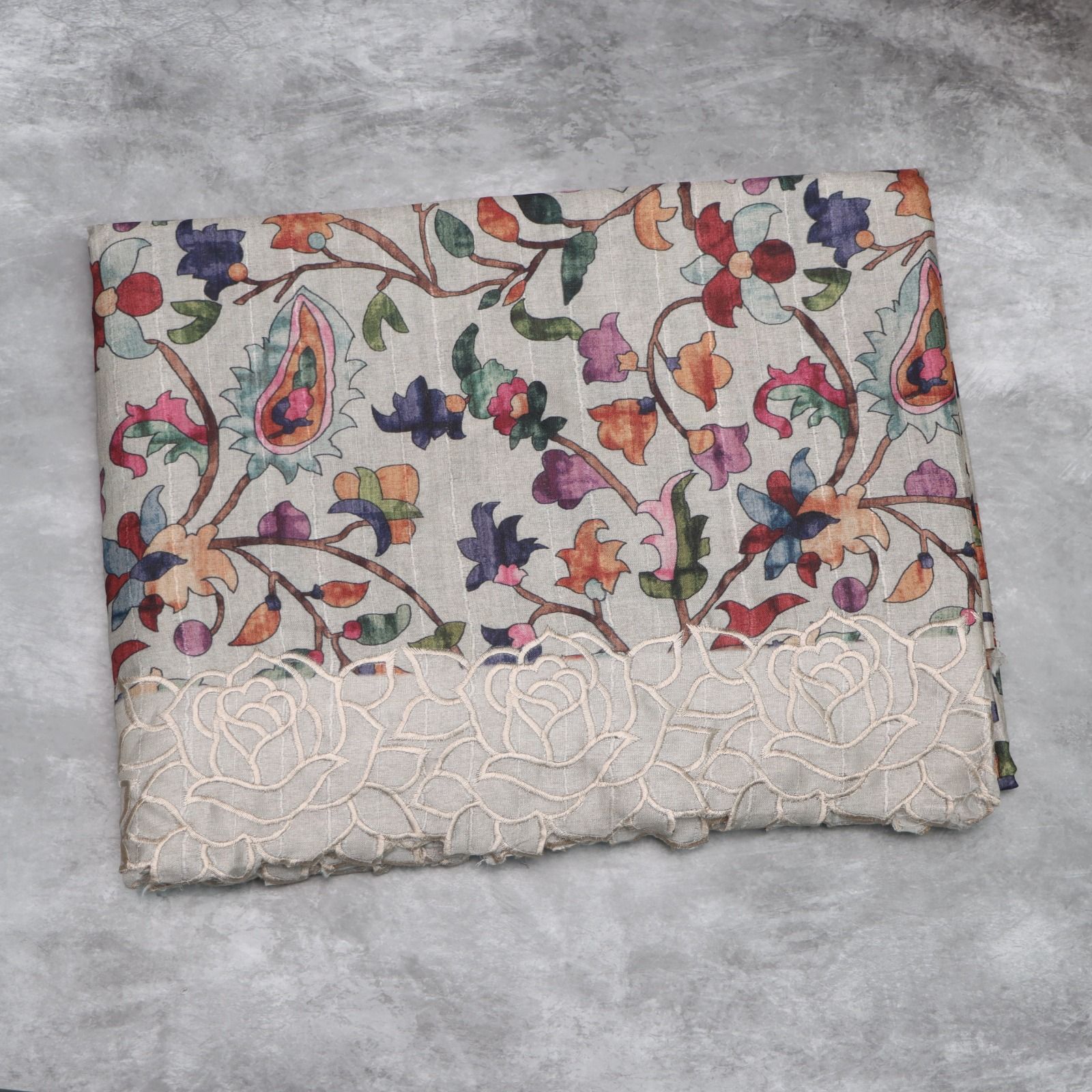 Elegant Floral Print Scarf with Embroidered Border