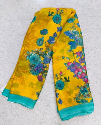 Yellow Floral Saree With Blue Border Yellow Floral Saree With Blue Border