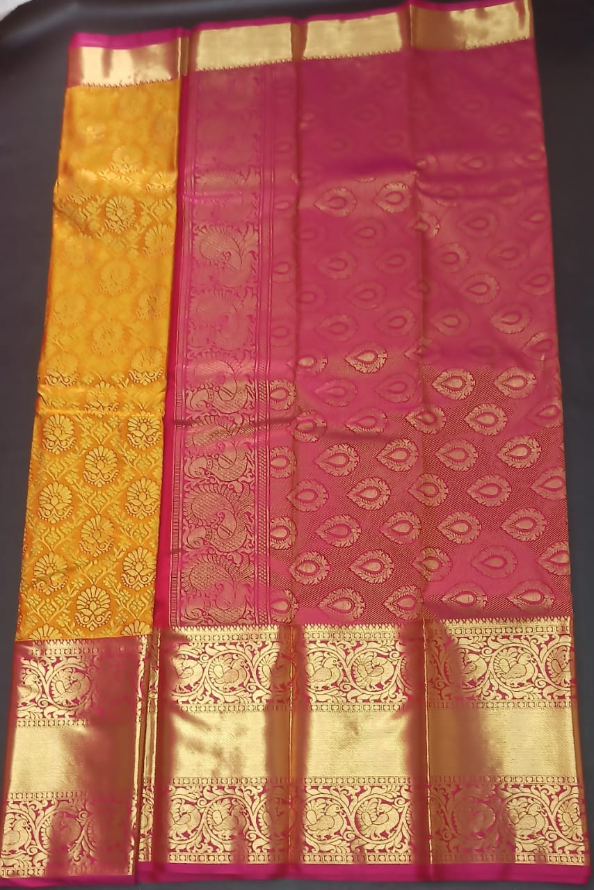 Pink And Yellow Kanjivaram Silk Saree With Rich Zari Pallu And Blouse