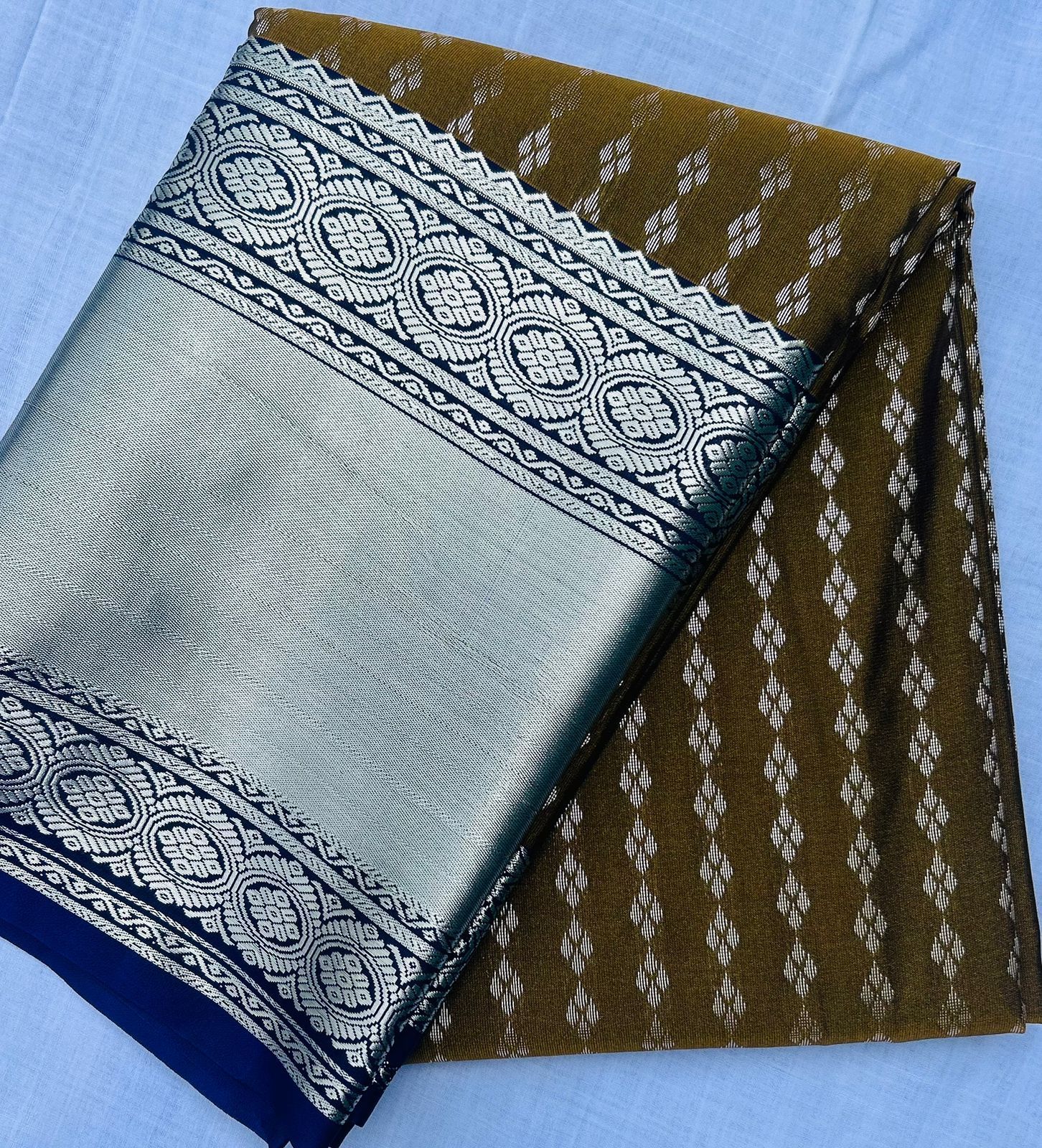 Brown and Blue Saree With Silver Zari Border