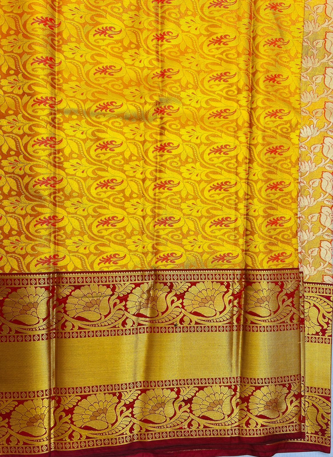 Yellow and Red Kanjivaram Silk Saree With Blouse Piece