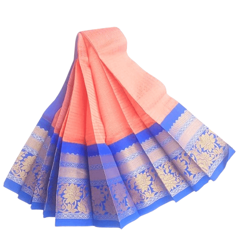 Peach and Blue Traditional Saree With Blouse Piece