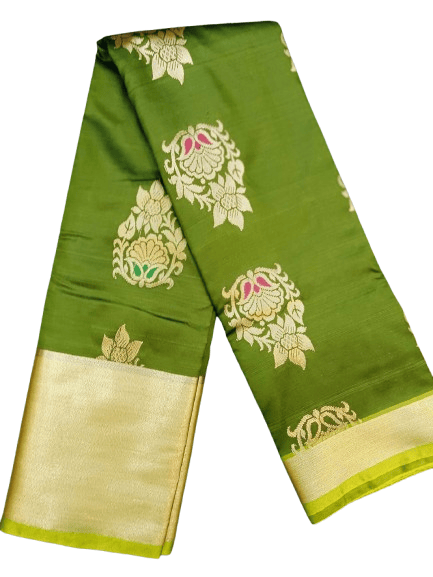 Green Banarasi Silk Saree With Golden Zari Floral Motifs