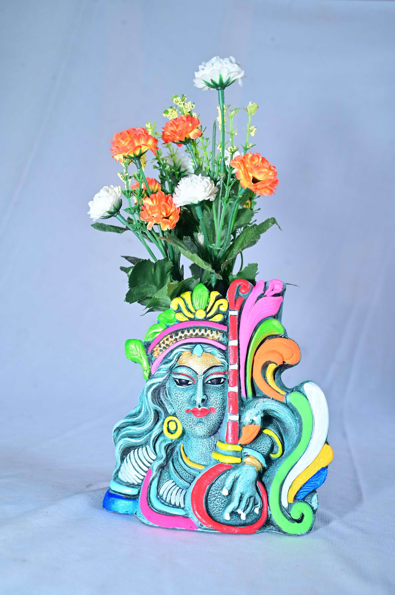 Flute Playing Lord Krishna in Terracotta with Flower Pot