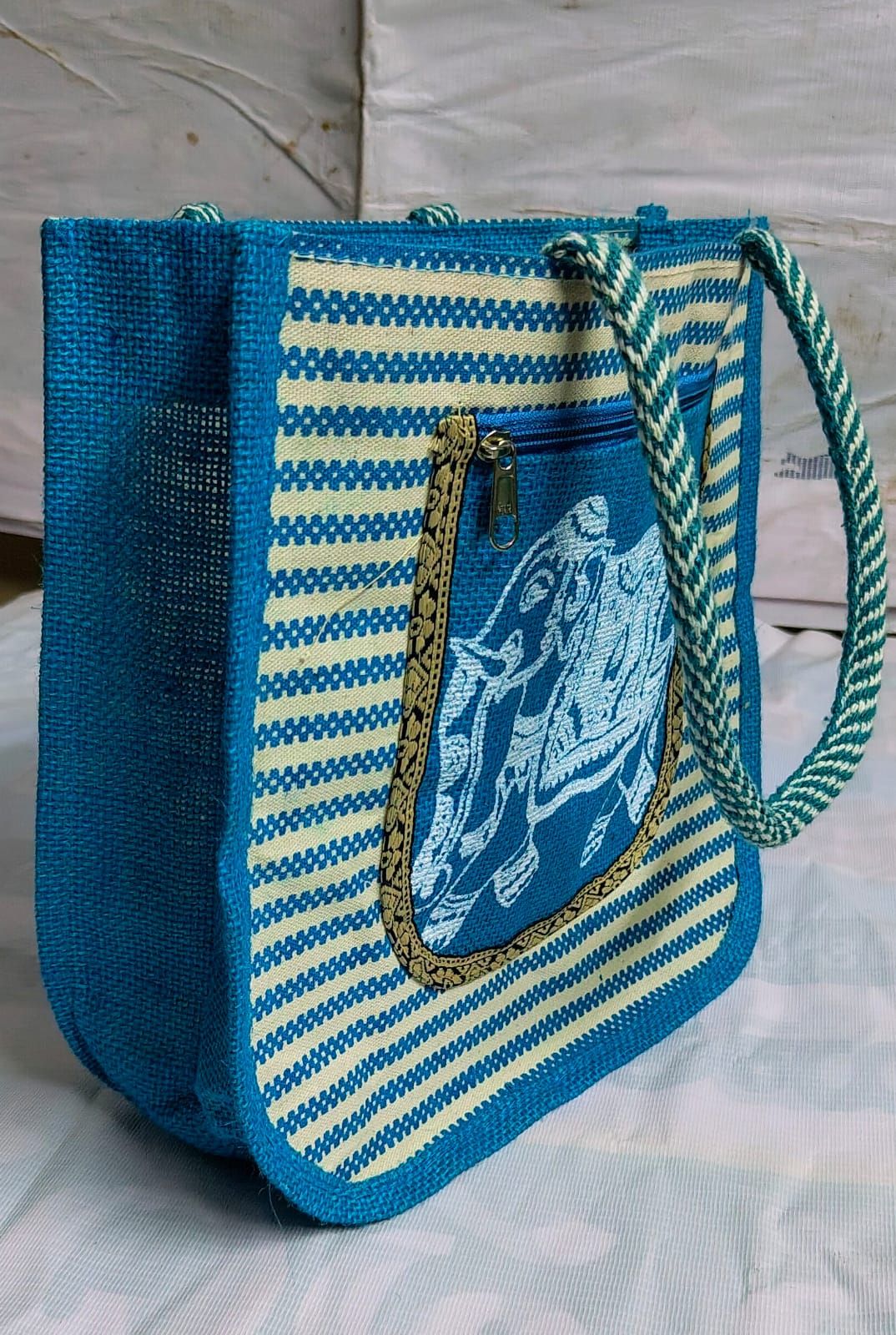 Striped Jute Bag with Elephant Print