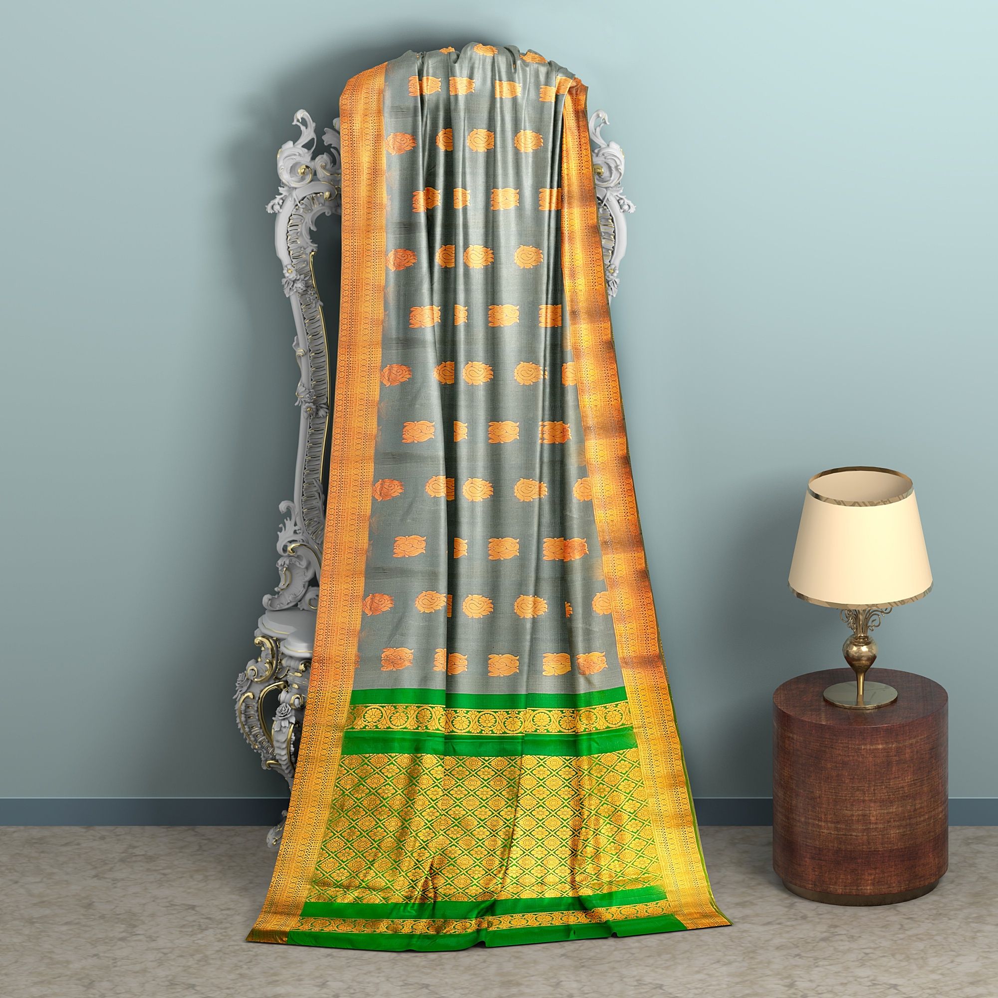 Green and grey silk saree with zari border
