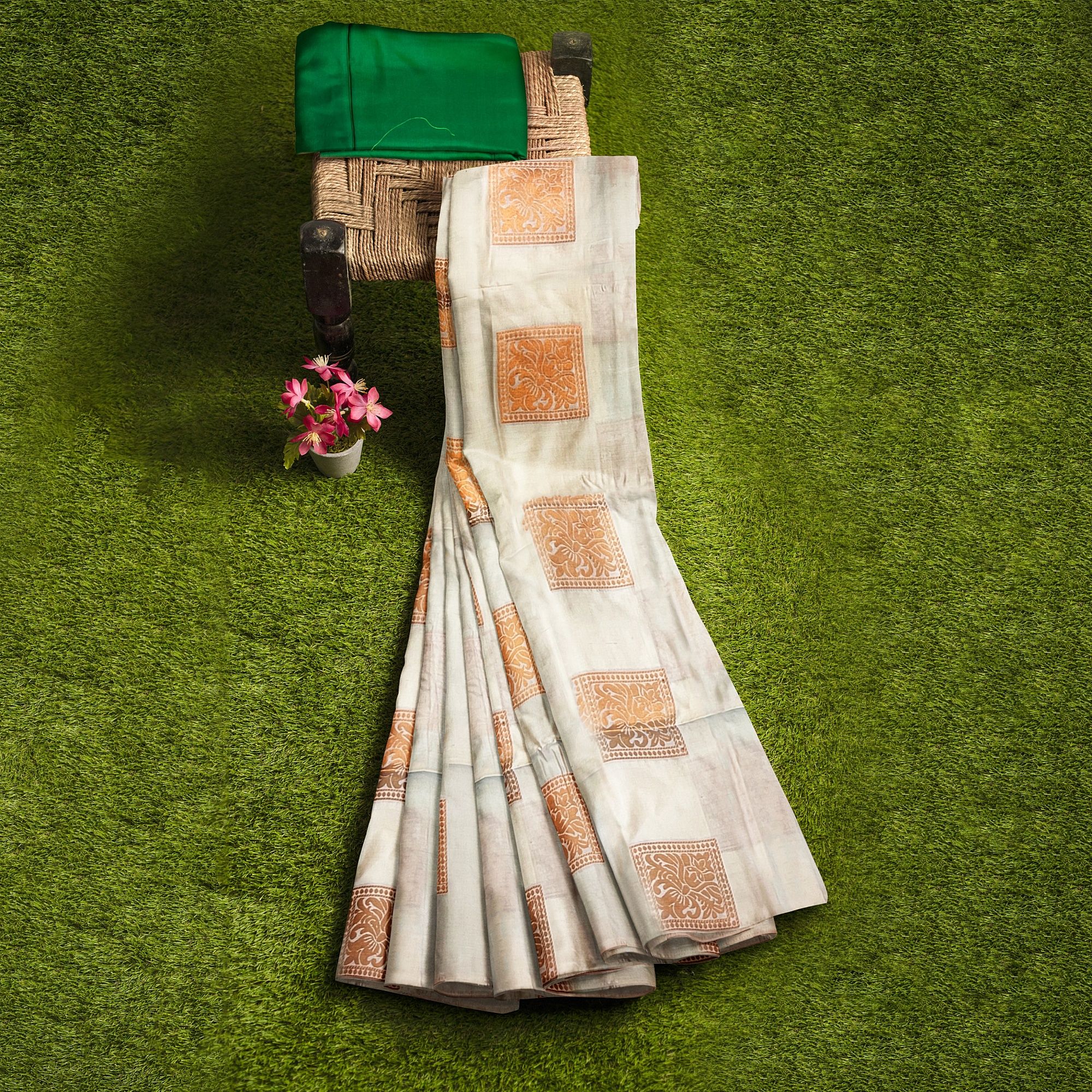 White and beige color pure soft silk saree with zari woven floral buttas