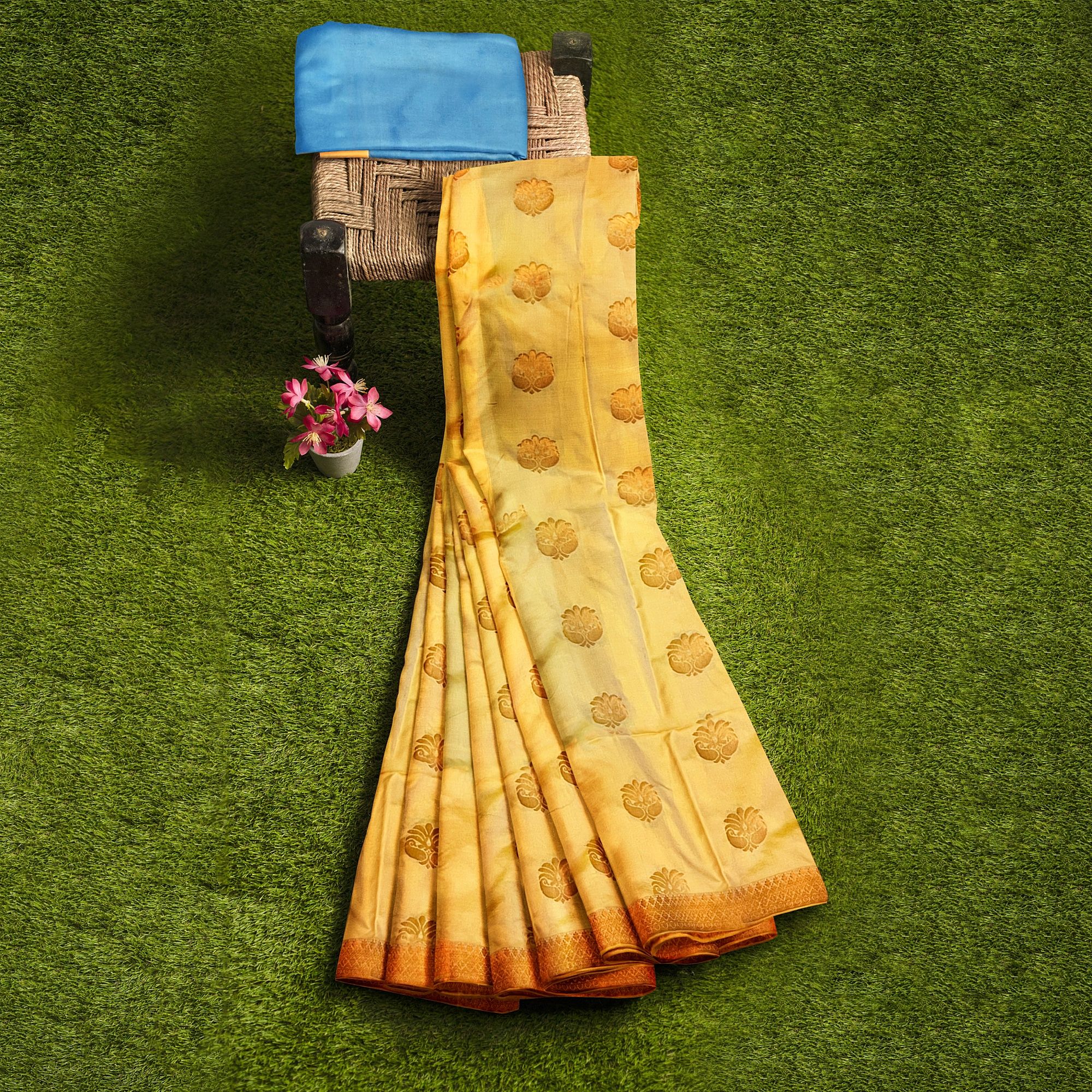Yellow pure soft silk Saree With Floral Print and Ble Border