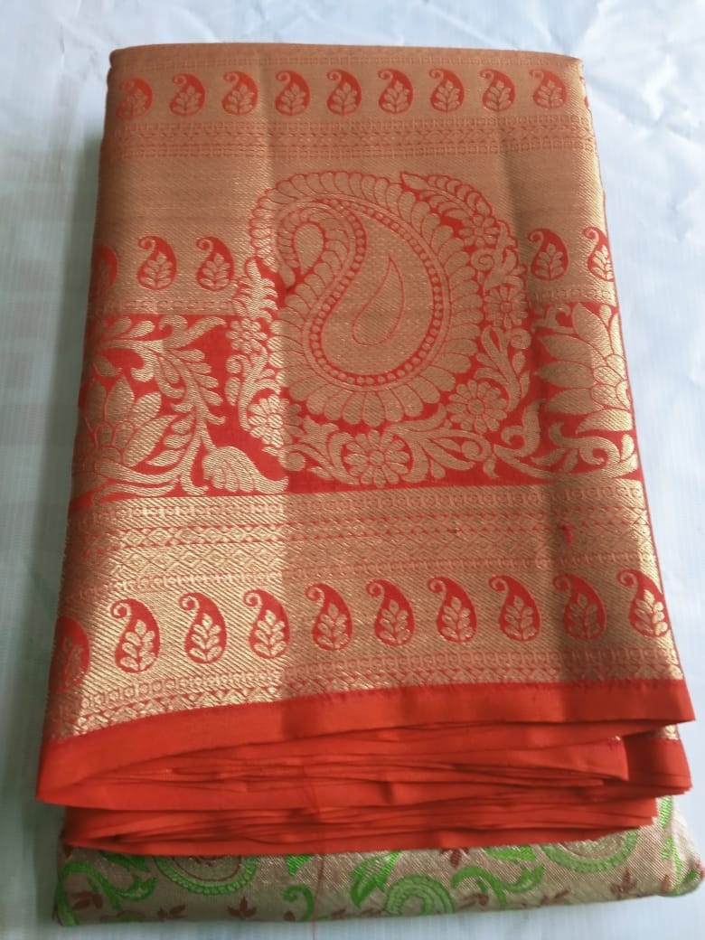 Red and gold zari woven Kanchipuram silk saree with blouse piece