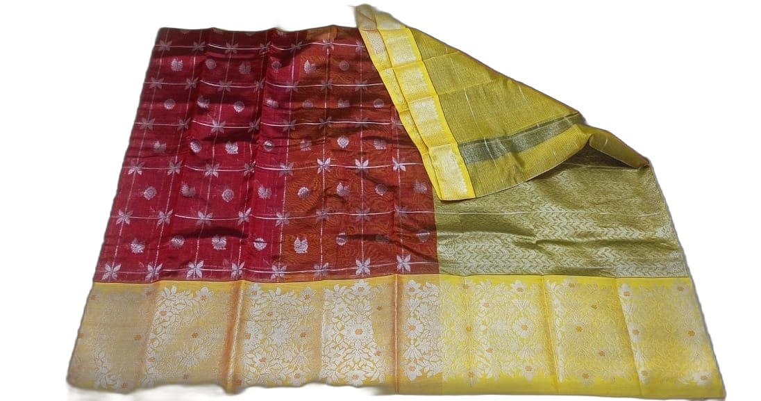 Yellow and Red Pure Handloom Tissue Kanjivaram Silk Saree