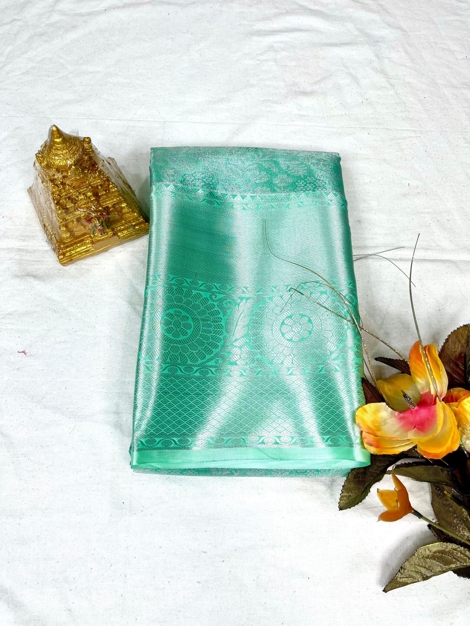 light mint green Silk Saree With Silver Zari Border