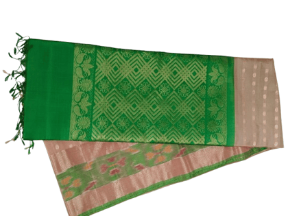 Green and gold zari woven Kanjivaram silk saree with contrast blouse piece Green and gold zari woven Kanjivaram silk saree with contrast blouse piece