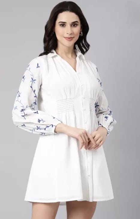 White Embroidered A-Line Shirt Dress