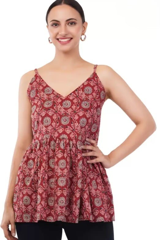 Women's Sleeveless Printed Cotton A-Line Top
