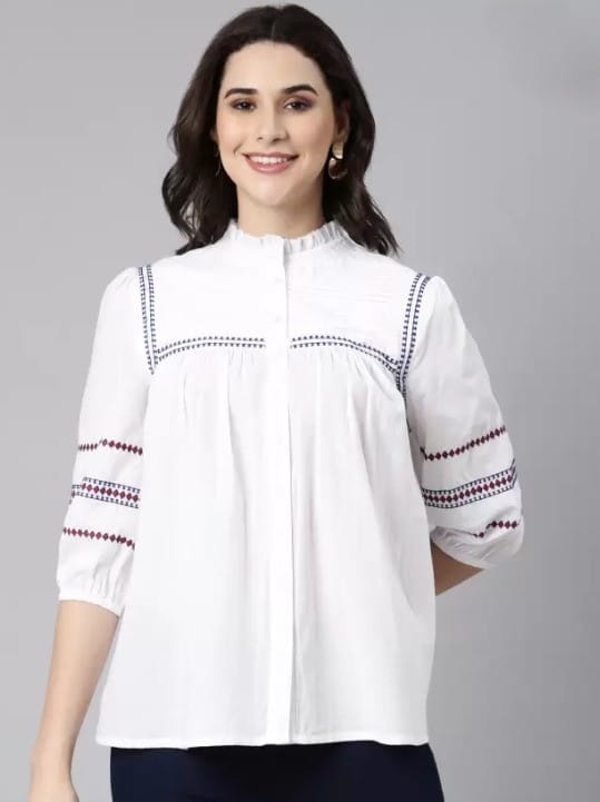 Women's White Embroidered Cotton Kurta with Mandarin Collar and 3/4th Sleeves