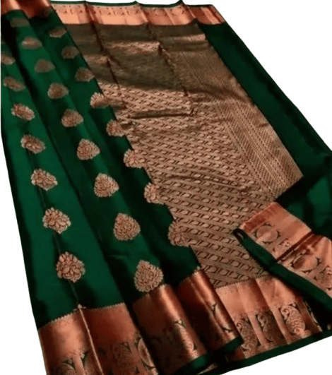 Green And Gold Silk Saree With Blouse Piece
