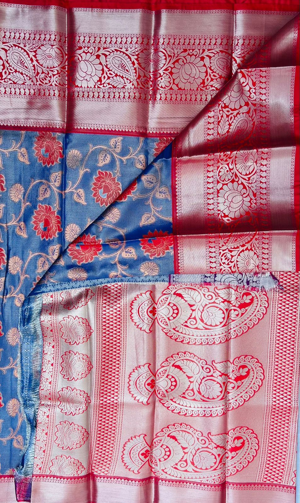 Blue and Red Kanjivaram Silk Saree With Blouse Piece