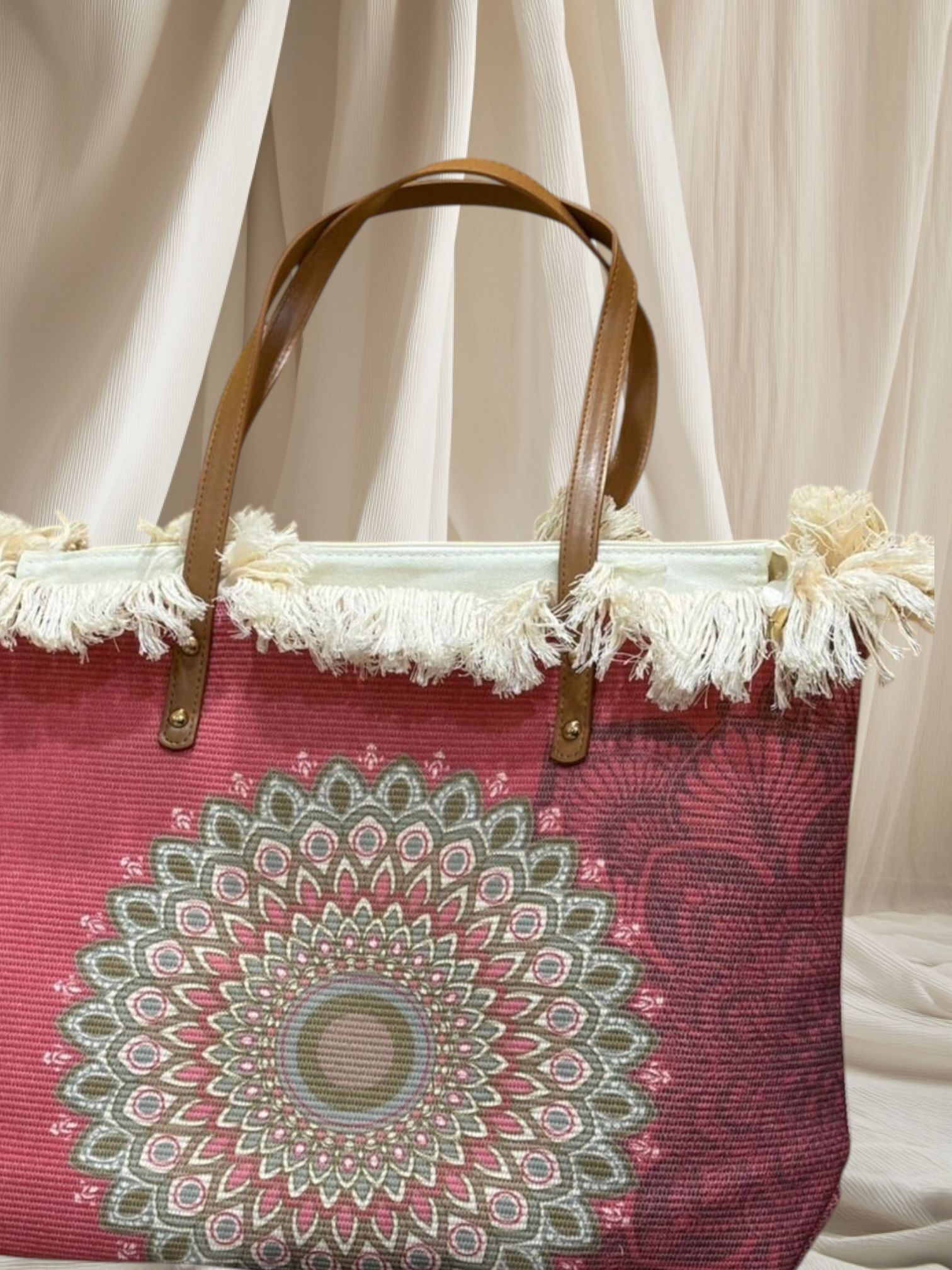 Fringed mandala tote bag with faux leather handles