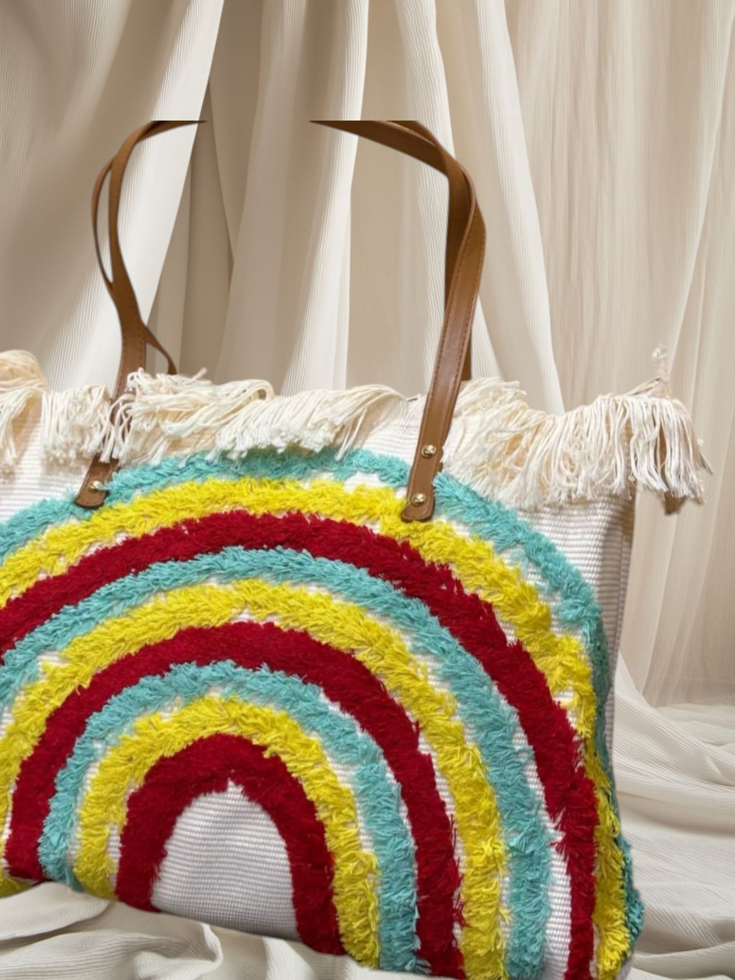 Rainbow Chenille Fringe Tote Bag