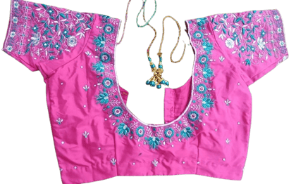  Pink Hand Embroidered Floral Saree Blouse