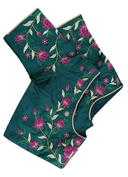 Green blouse with pink and gold floral embroidery