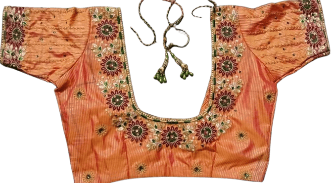 **Title:** Embroidered Orange Silk Saree Blouse With Floral Motifs
