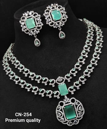 American Diamond Bridal Necklace Set with Green Stones and Earrings American Diamond Bridal Necklace Set with Green Stones and Earrings