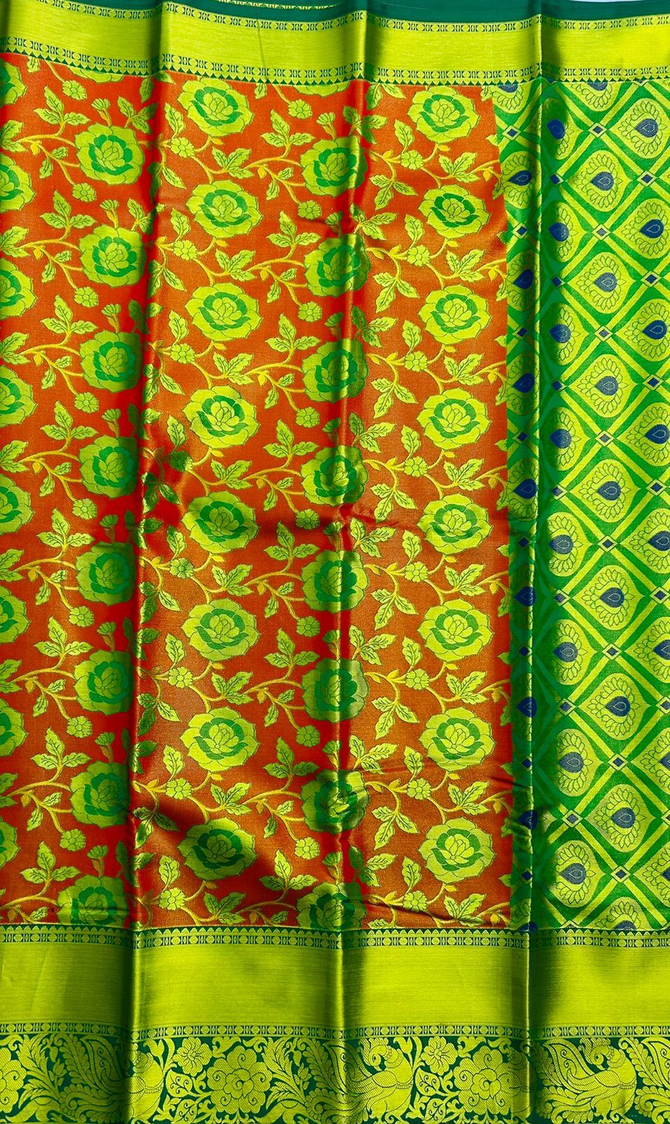 Green and red floral silk saree with zari border