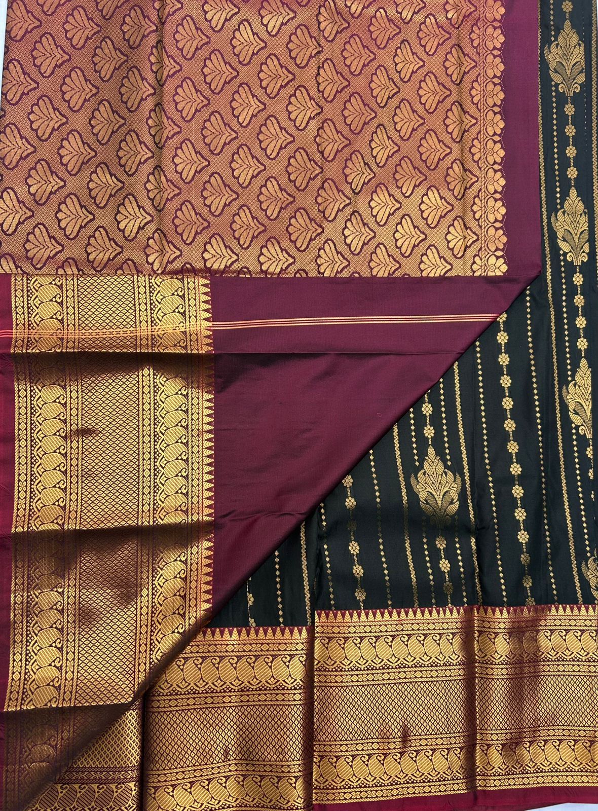 Black and Maroon Kanchipuram Silk Saree With Blouse Piece