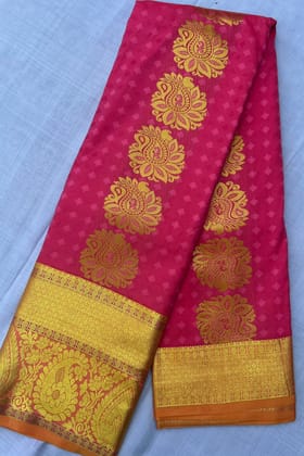 Pink and gold zari woven Kanjivaram silk saree with blouse piece Pink and gold zari woven Kanjivaram silk saree with blouse piece