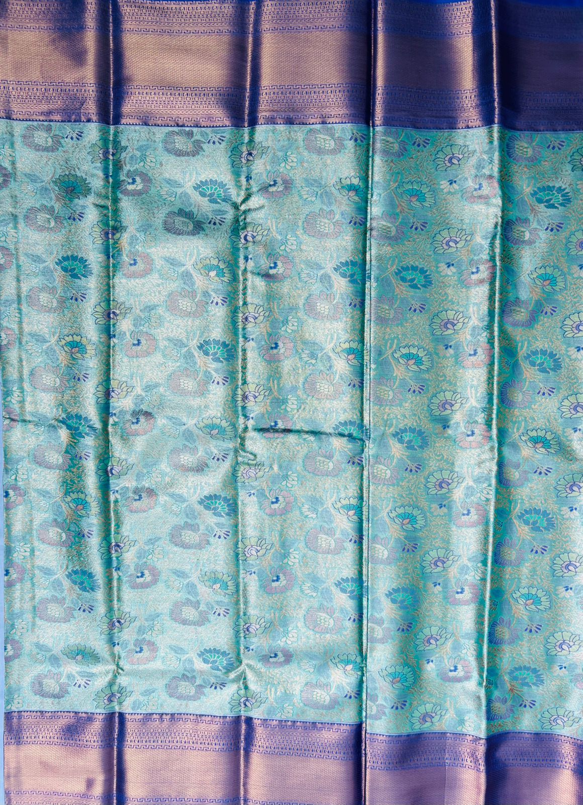 Blue and Green Floral Saree with Zari Border