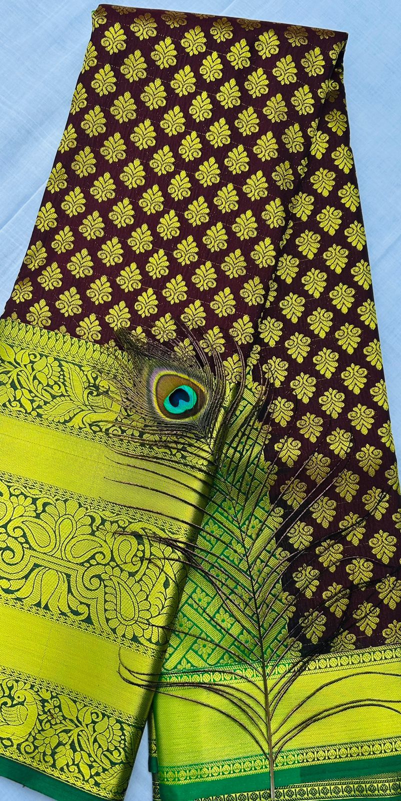 Green and Maroon Silk Saree With Peacock Feather Print