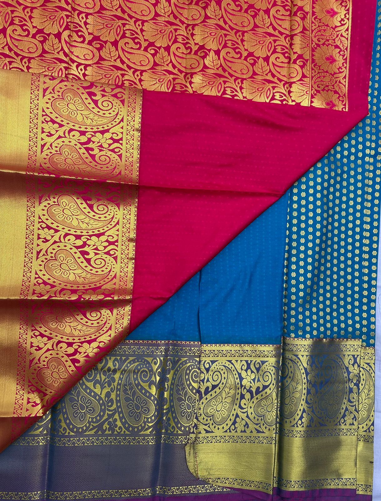 orange Pink and Blue Saree With Golden Border