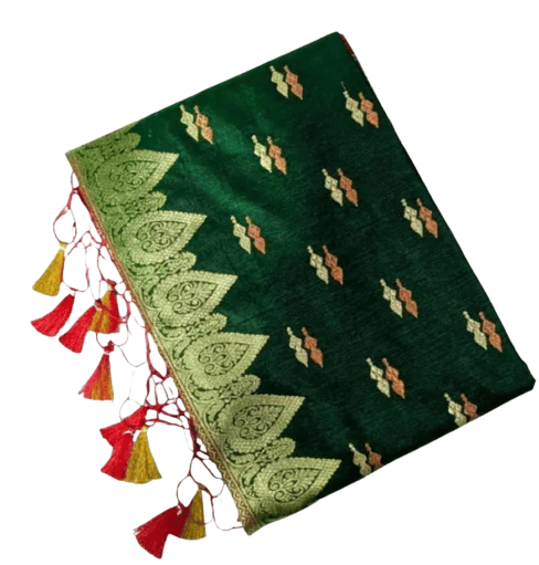 Green Velvet Saree With Golden Border and Tassels