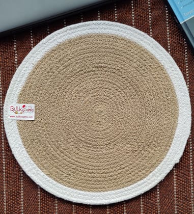 Round table mats cotton placemats (pack of 4) | Dining table mats 14", Heat Resistant, Reversible Use (White - Beige) by Bulky Santa