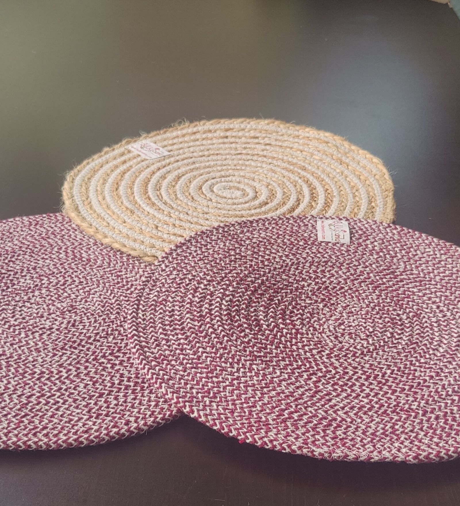 Round table mats cotton placemats (pack of 3) | Dining table mats 14", Heat Resistant, Reversible Use (Maroon/Cotton-Jute) by Bulky Santa