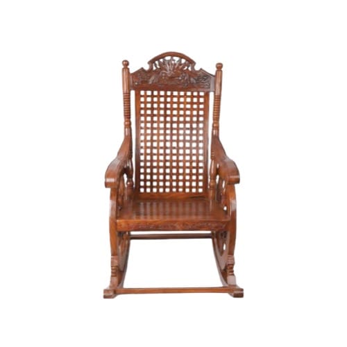Hand-Crafted Solid Mahogany Wood Rocking Chair with Ornate Carvings