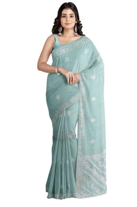 Cottage Handmade Womens Cotton Luckhnavi Chikan Silk Saree with Unstitched Blouse (Multicolor)