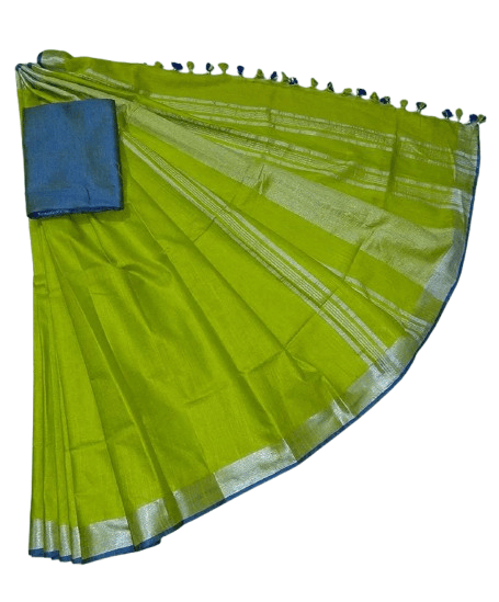 Green Linen Saree With Silver Zari Border