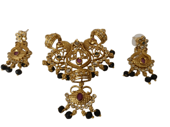 "Stunning antique gold plated Goddess Lakshmi earrings with intricate detailing and black beads."