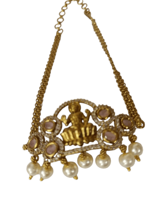 "Stunning Gold-Plated Goddess Laxmi Pendant with Pearls and Pink Stones for Women"