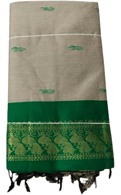 Beige and Green Pure Cotton Saree with Elephant Motif and Zari Border