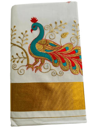 White Peacock Embroidered Kerala Kasavu Saree White Peacock Embroidered Kerala Kasavu Saree