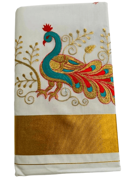 White Peacock Embroidered Kerala Kasavu Saree