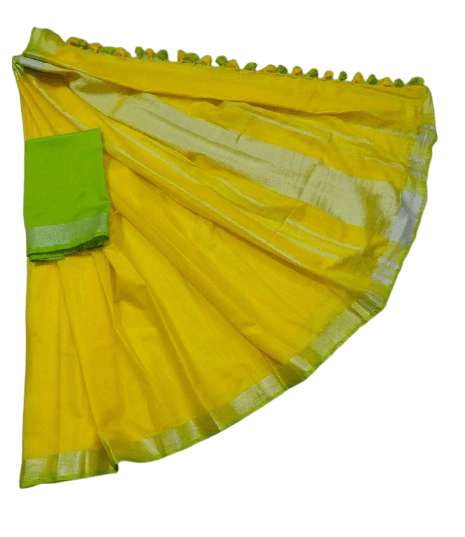 Yellow Linen Saree With Green Blouse
