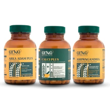 Arka Botanicals Men's Wellness Kit | Ashwagandha for Stress Support, Calci Plus for Bone Strength & Adam Plus for Hormonal Balance | Comprehensive Health Supplement Combo Pack for Men Arka Botanicals Men's Wellness Kit | Ashwagandha for Stress Support, Calci Plus for Bone Strength & Adam Plus for Hormonal Balance | Comprehensive Health Supplement Combo Pack for Men