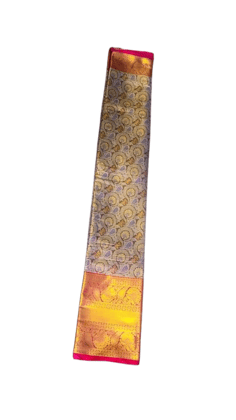 Blue and gold zari woven Kanchipuram silk saree with contrast pink border Blue and gold zari woven Kanchipuram silk saree with contrast pink border