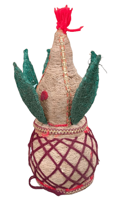 Handmade jute Kalash with intricate zari work and artificial leaves for Diwali decoration