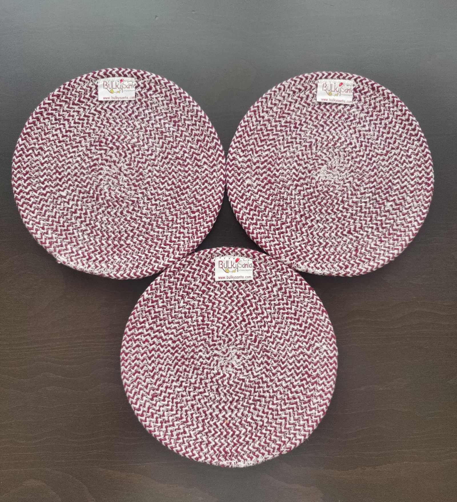 Round table mats cotton placemats (pack of 3) | Hotpads / trivets 9", Heat Resistant, Reversible Use (Maroon) by Bulky Santa